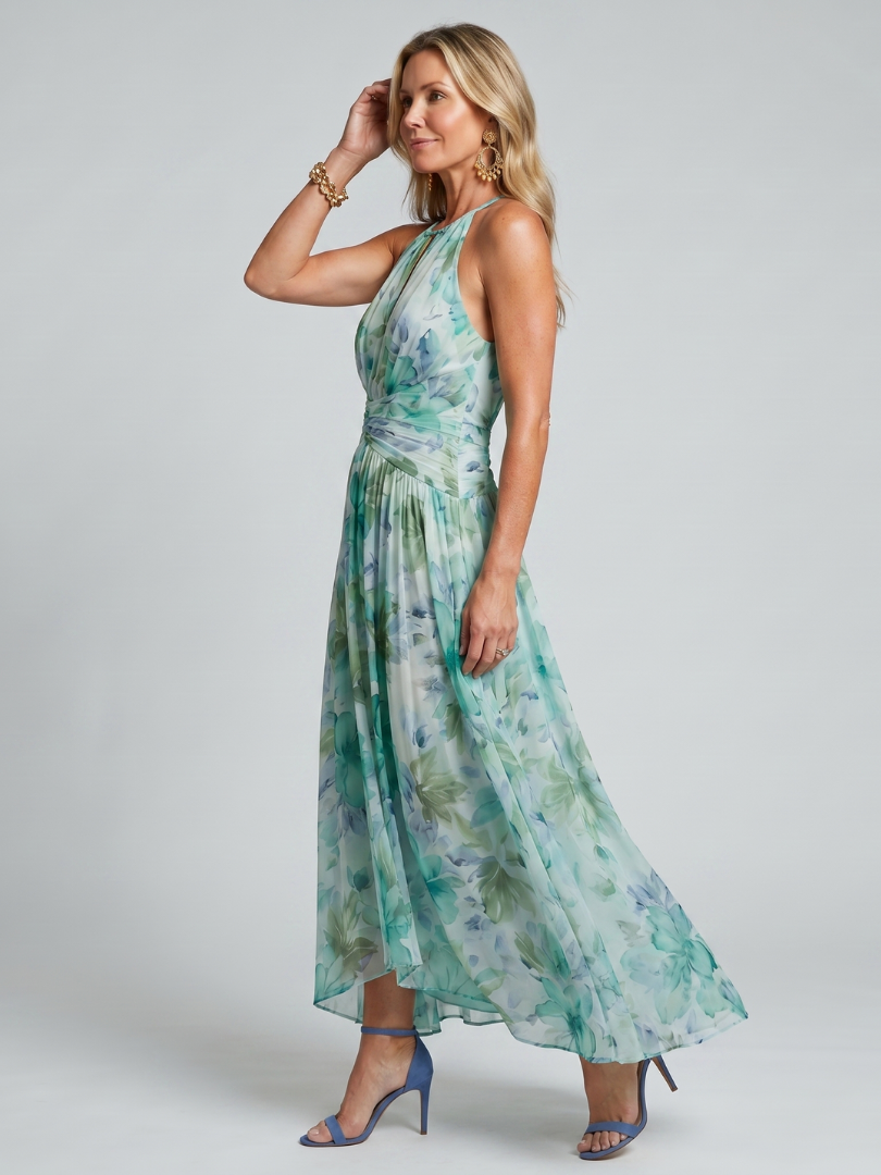 Vestido Midi Portia en Crepé Plisado con Cuello Halter y Estampado Floral