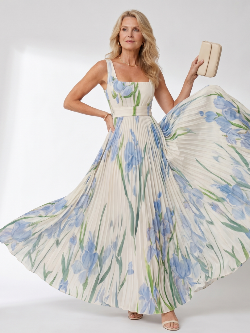 Vestido Midi Sin Mangas en Satén con Escote Cuadrado y Pliegues Elegantes