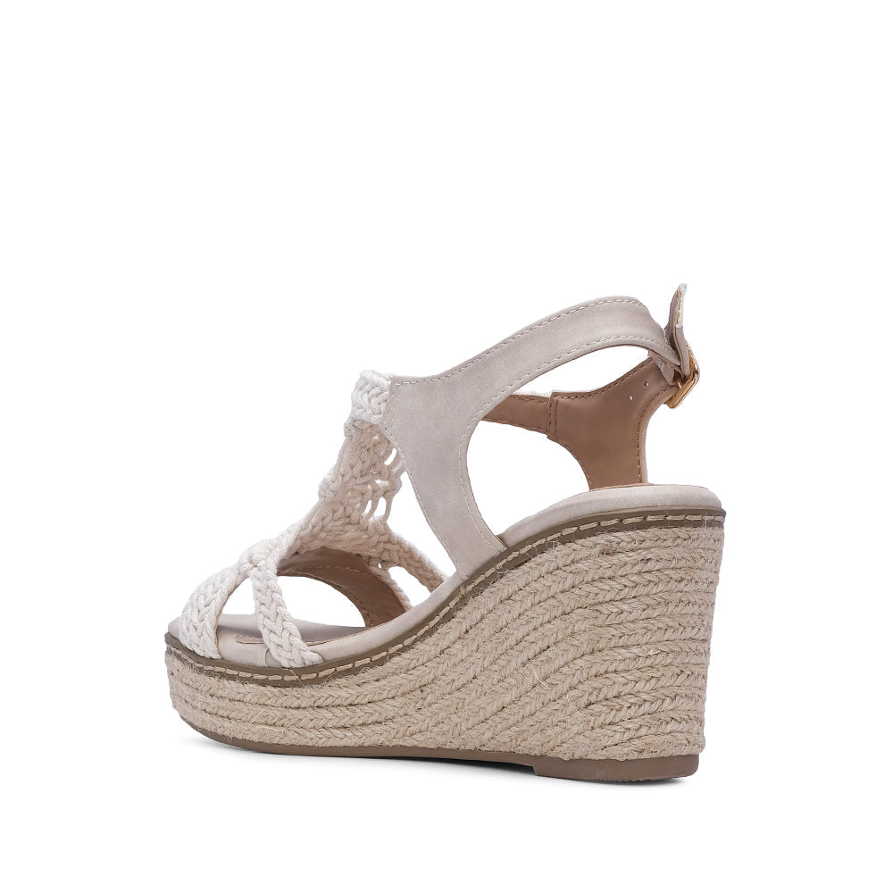 Sandalia de cuña para mujer en piel sintética beige