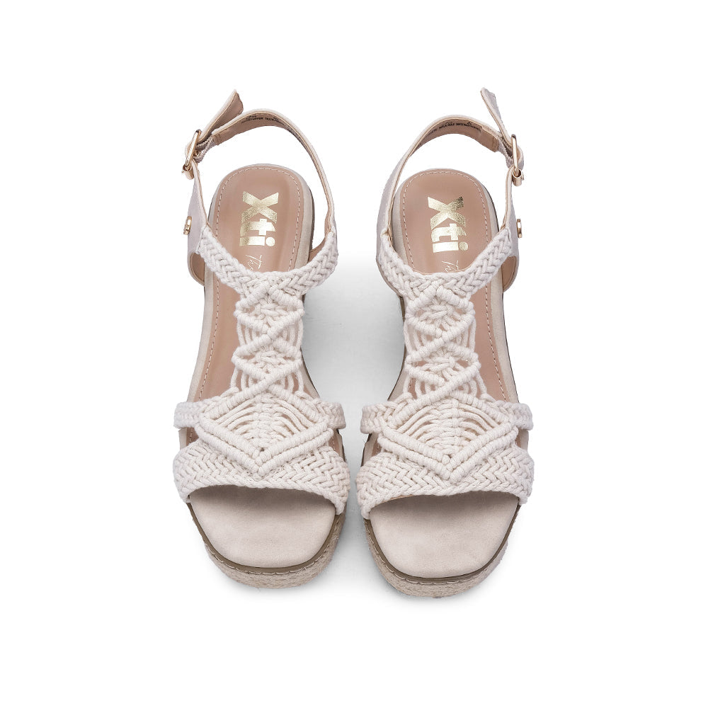Sandalia de cuña para mujer en piel sintética beige