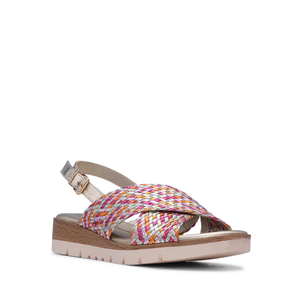 Sandalia de tacón medio fucsia para mujer