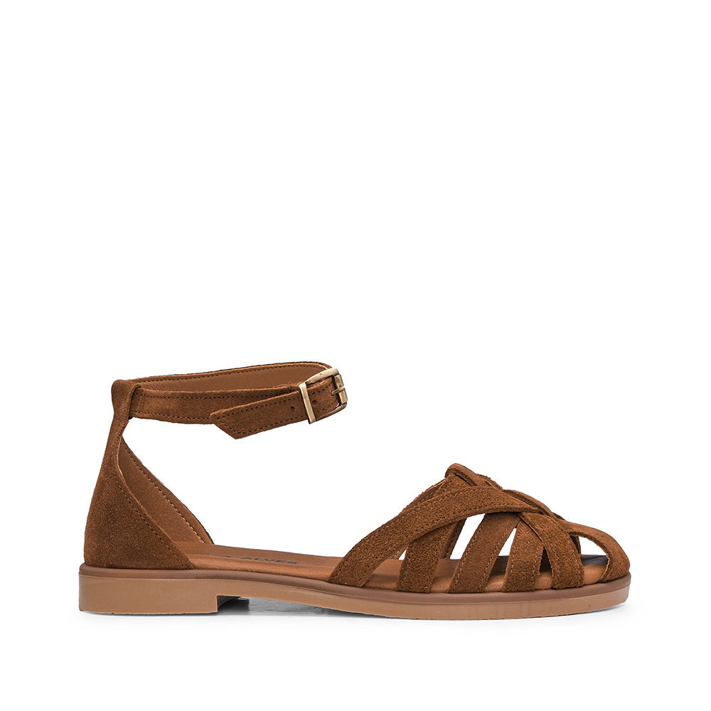 Sandalia Tacón Bajo Mujer Camel Ante