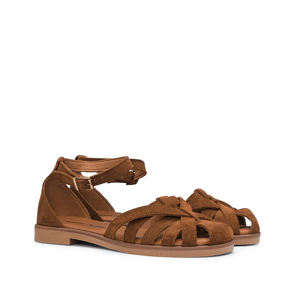 Sandalia Tacón Bajo Mujer Camel Ante