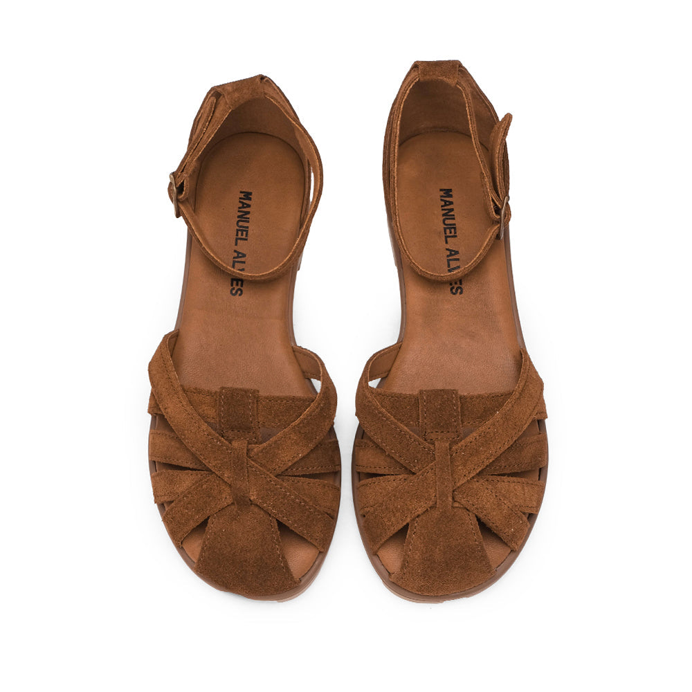 Sandalia Tacón Bajo Mujer Camel Ante