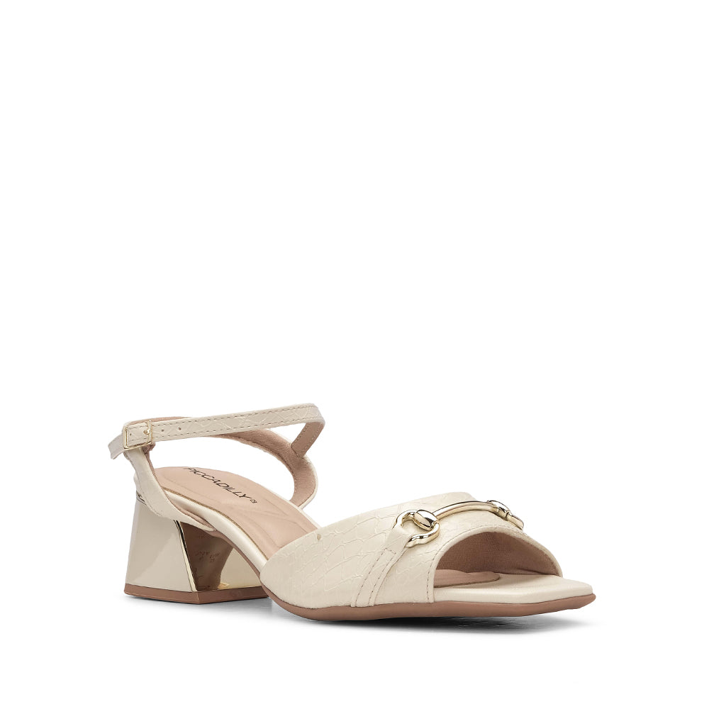 Sandalia de tacón medio para mujer con estampado animal beige