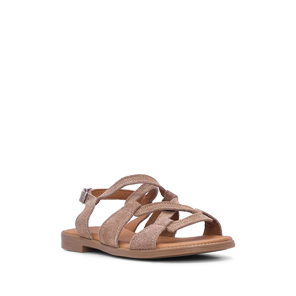 Sandalia de tacón plano de ante color topo para mujer