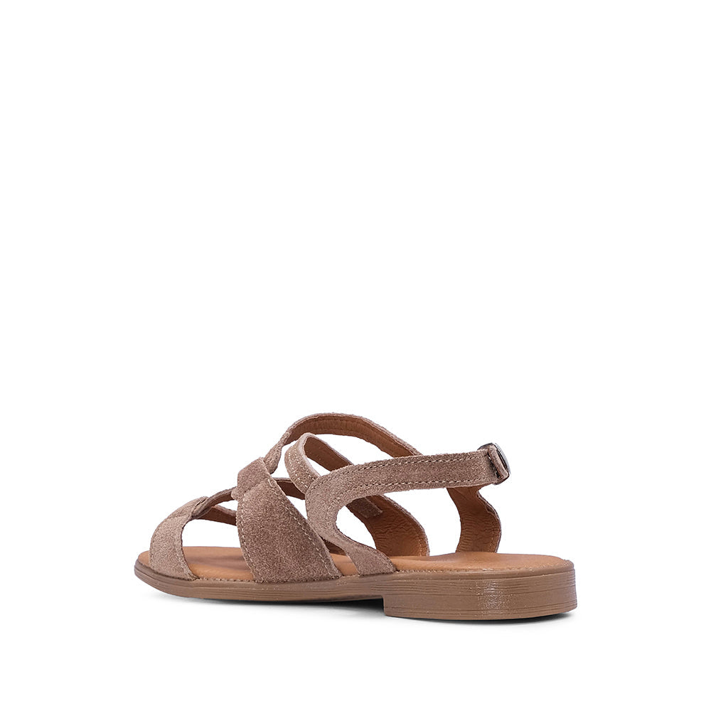 Sandalia de tacón plano de ante color topo para mujer