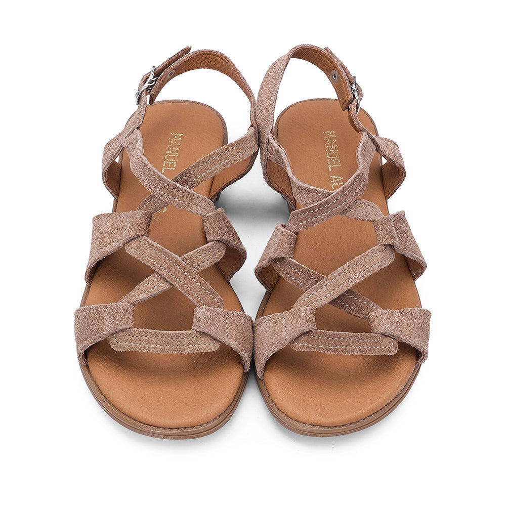 Sandalia de tacón plano de ante color topo para mujer