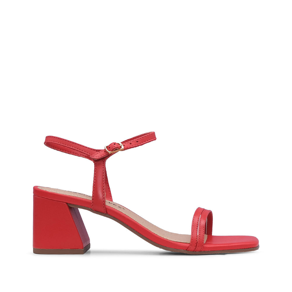 Sandalia de tacón medio para mujer, piel roja