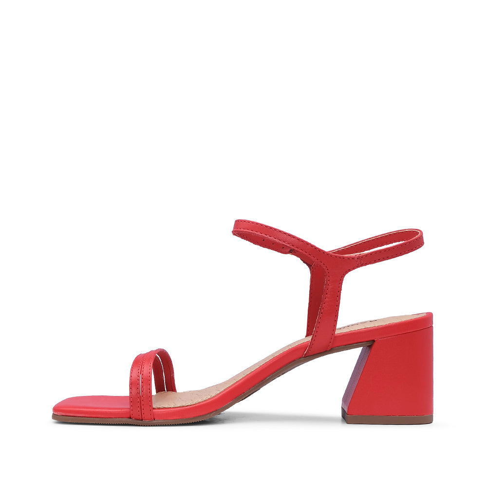 Sandalia de tacón medio para mujer, piel roja