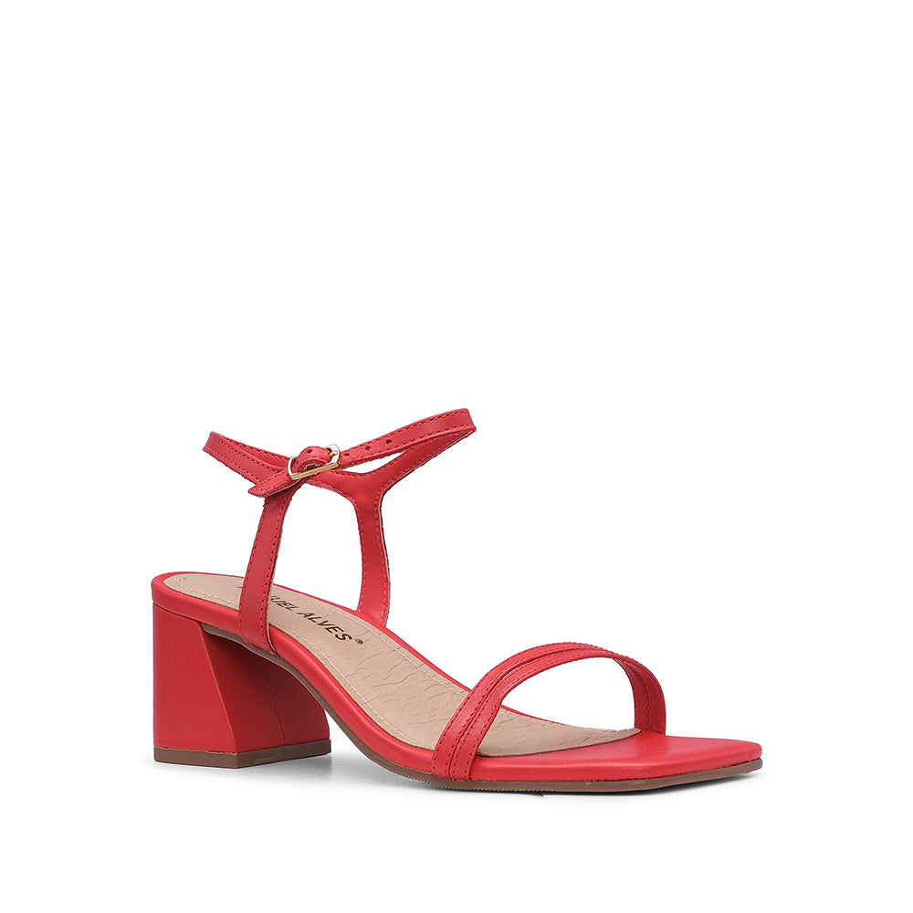Sandalia de tacón medio para mujer, piel roja