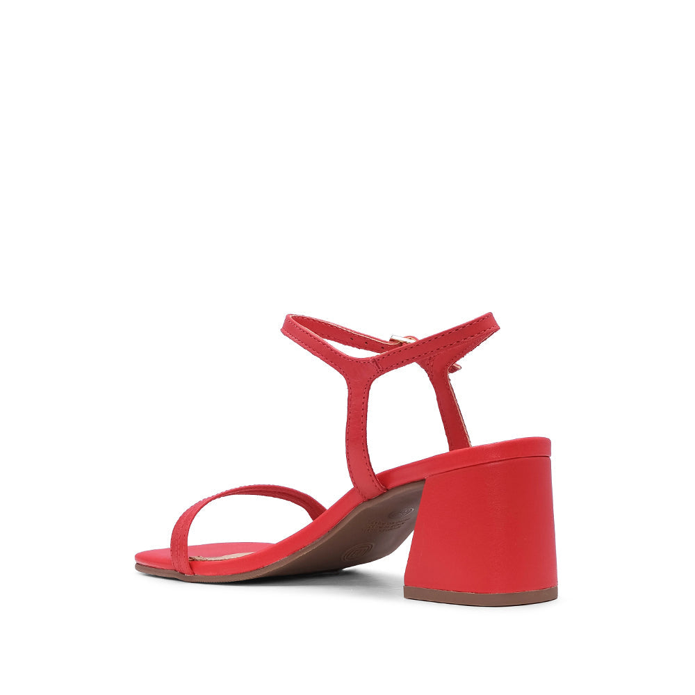 Sandalia de tacón medio para mujer, piel roja