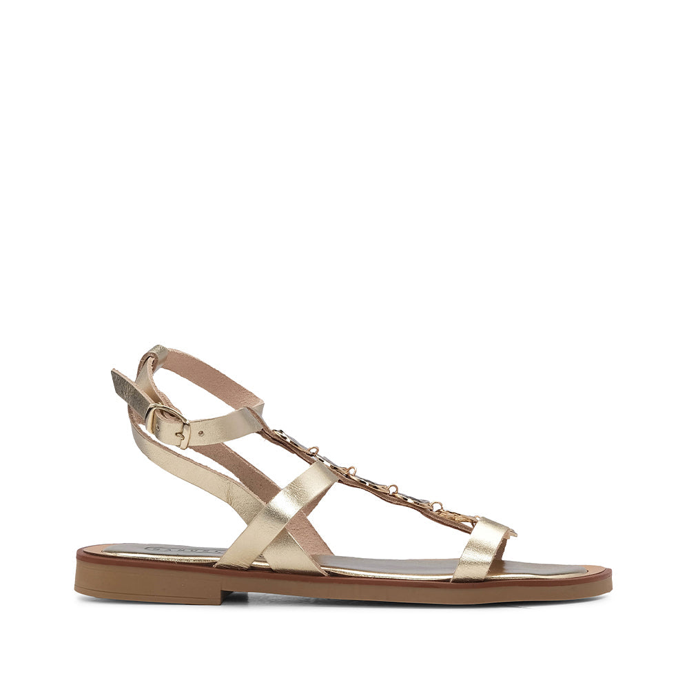 Sandalias de tacón plano para mujer color champán metalizado