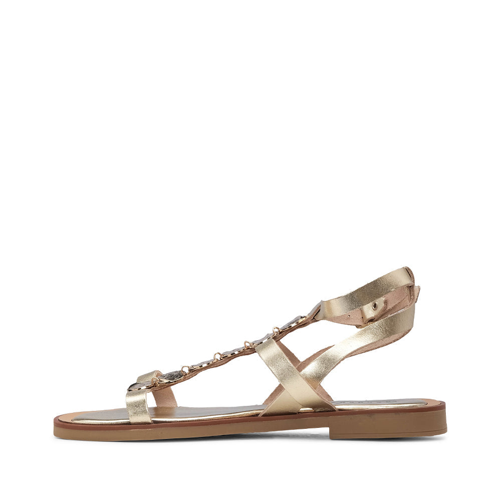 Sandalias de tacón plano para mujer color champán metalizado