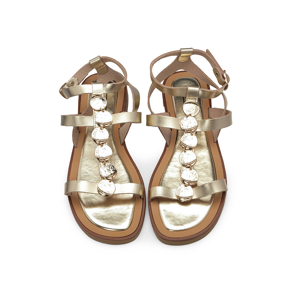 Sandalias de tacón plano para mujer color champán metalizado