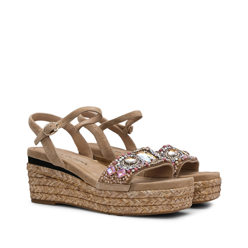 Sandalia Cuña Mujer Ante Beige