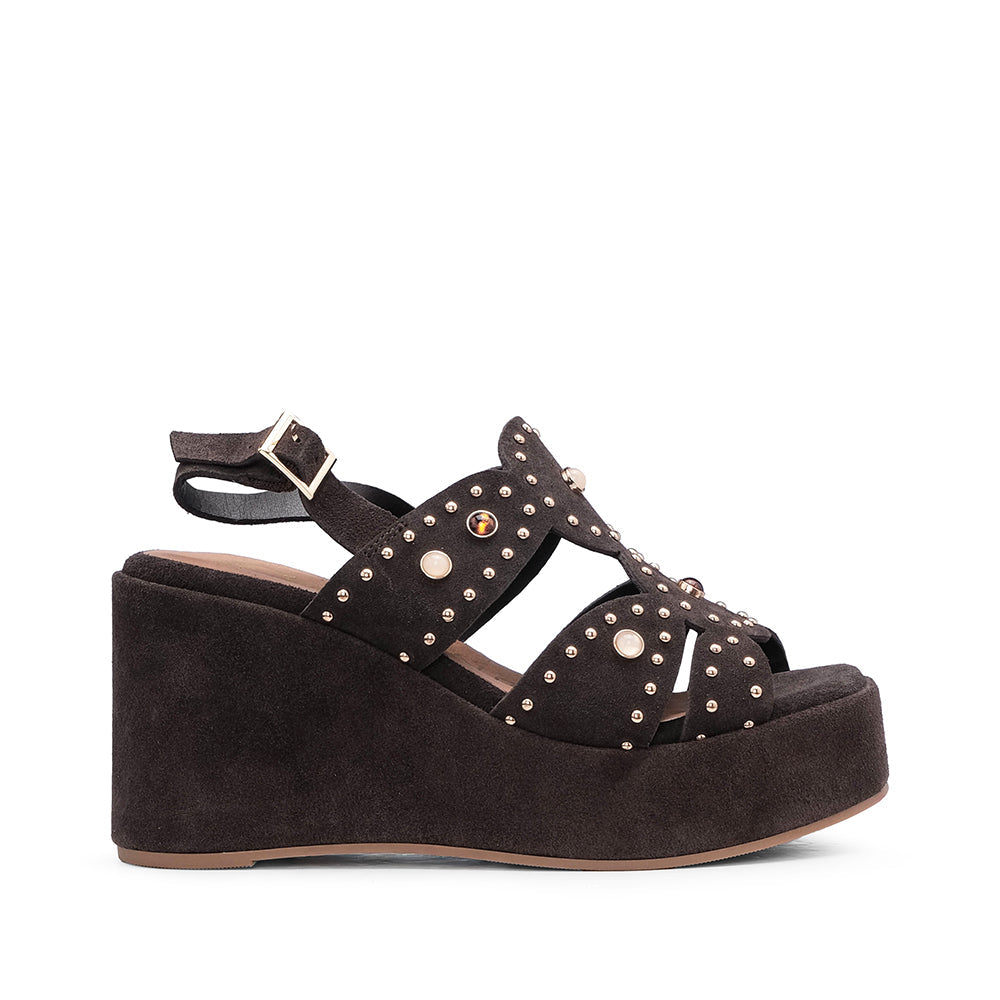 Sandalias de cuña de ante marrón para mujer