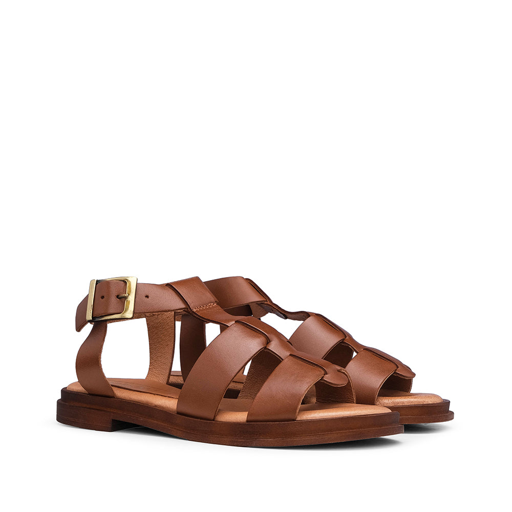 Sandalias de Tacón Bajo Mujer Piel Camel