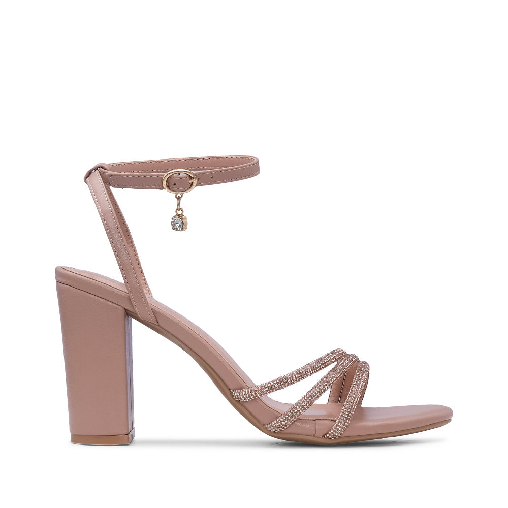 Sandalias de tacón alto para mujer en piel sintética color nude