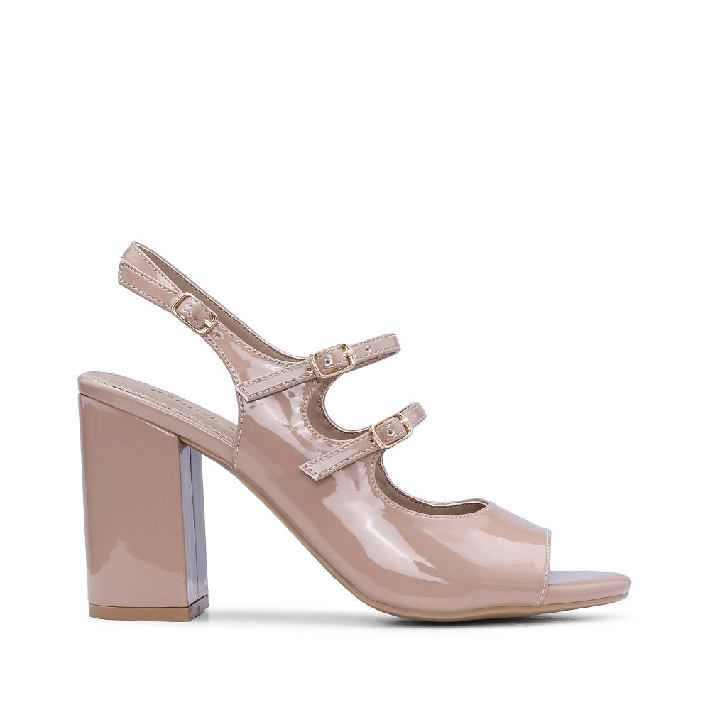 Sandalia de tacón alto para mujer en charol color nude