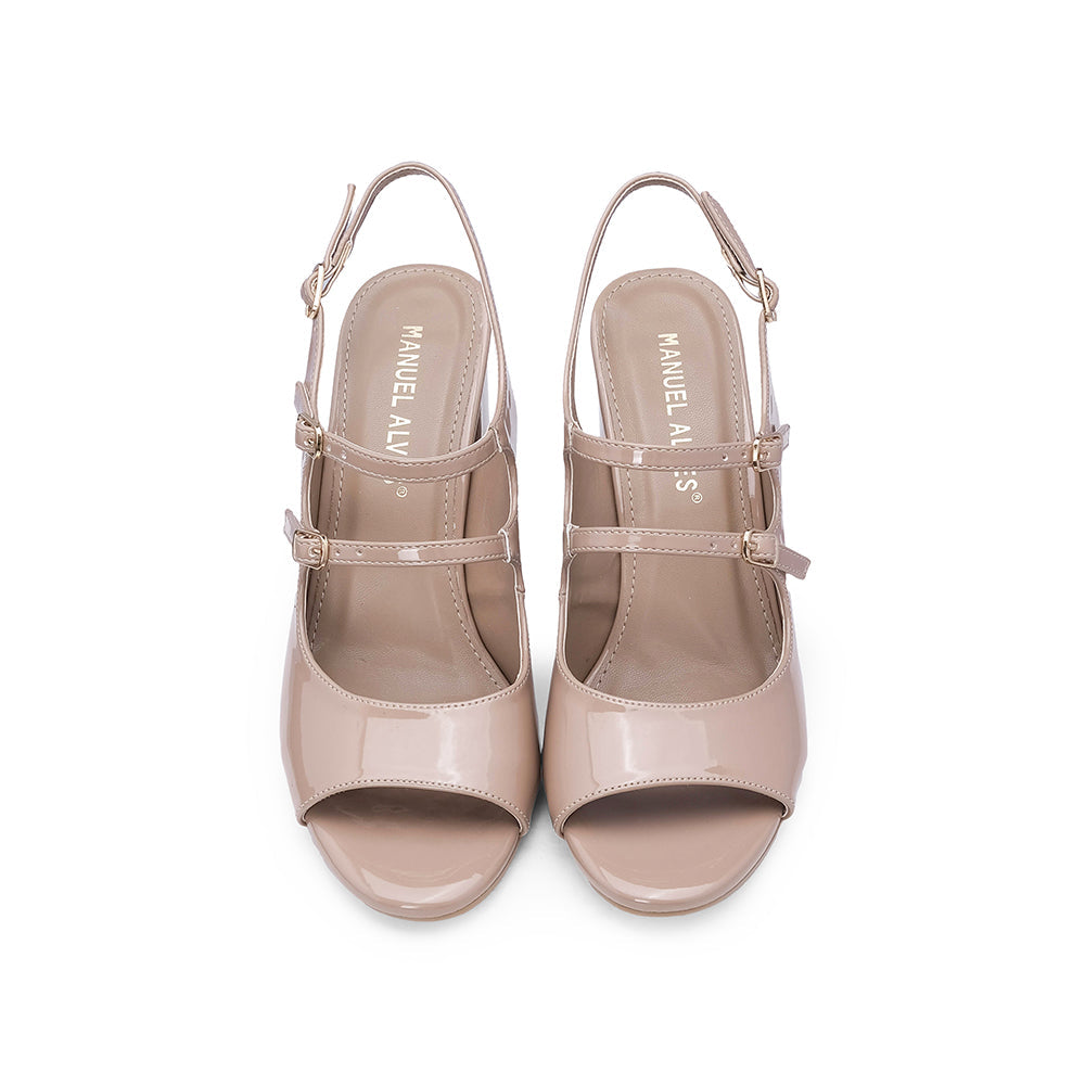 Sandalia de tacón alto para mujer en charol color nude