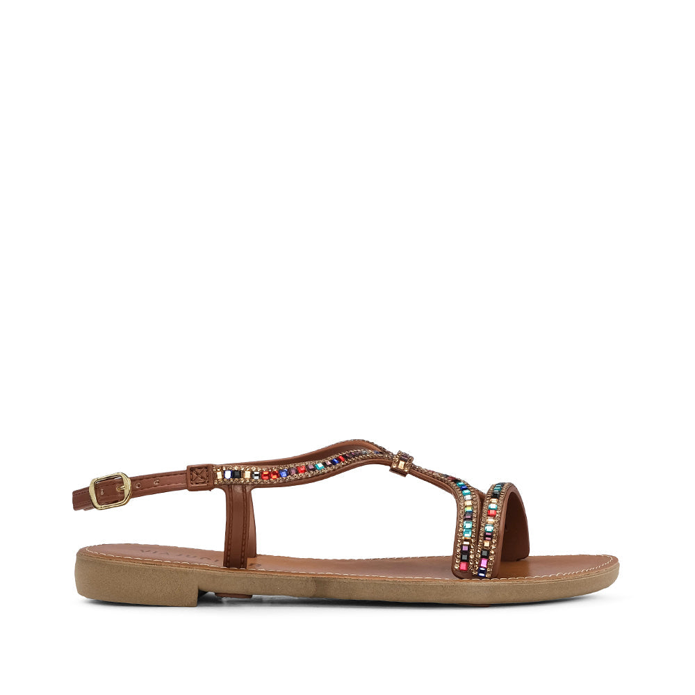 Sandalia de tacón plano para mujer color camello