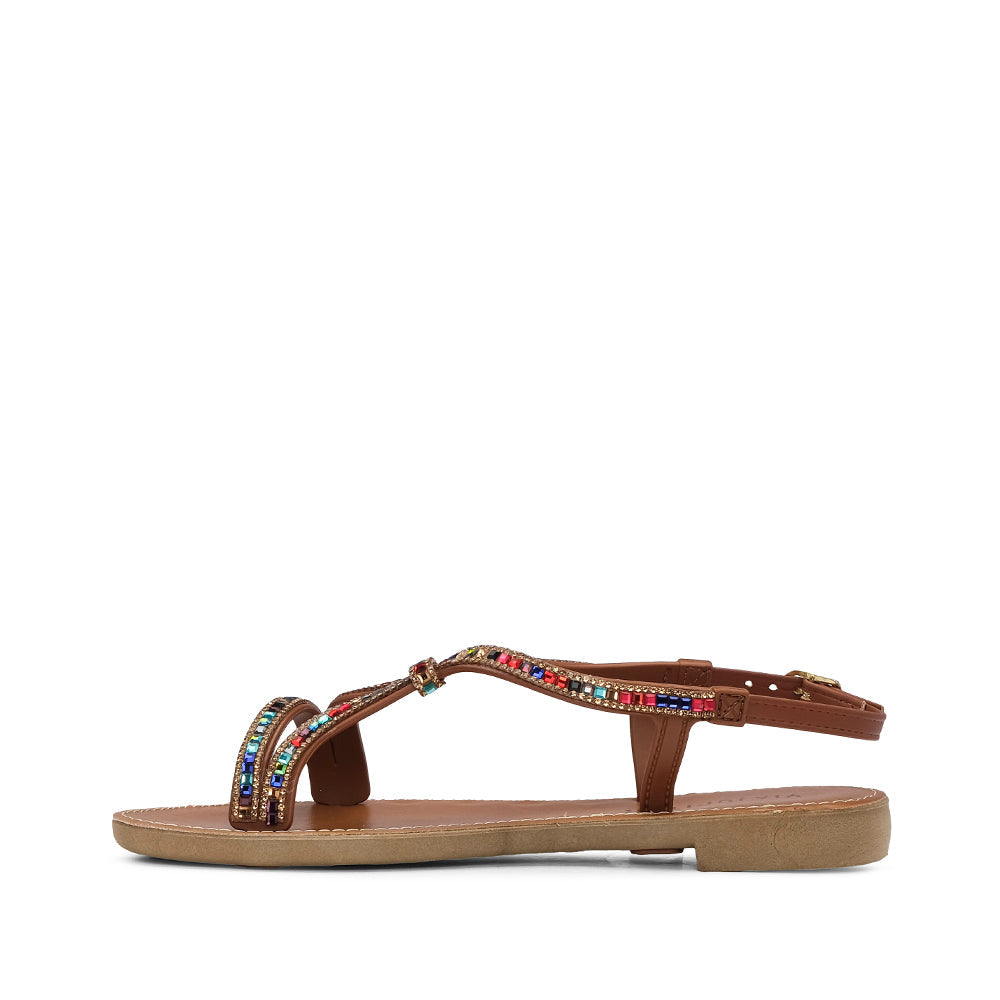 Sandalia de tacón plano para mujer color camello