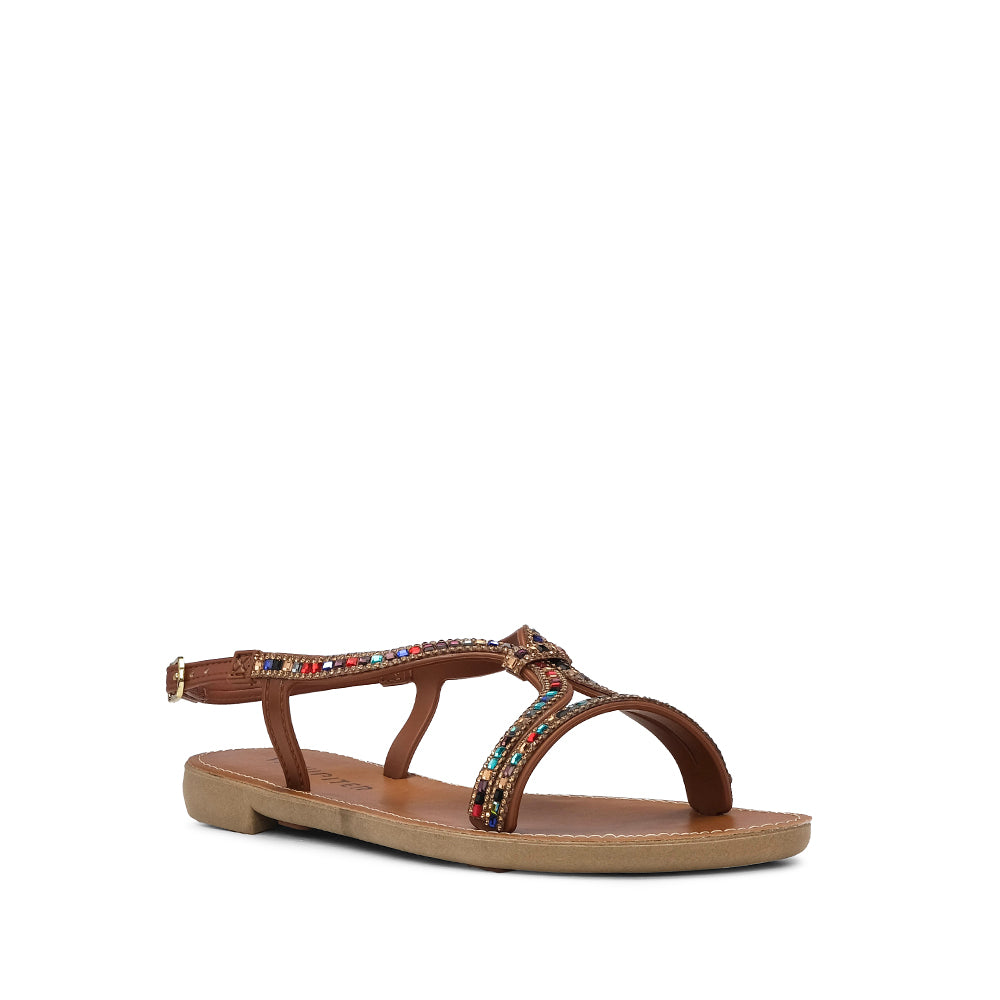 Sandalia de tacón plano para mujer color camello