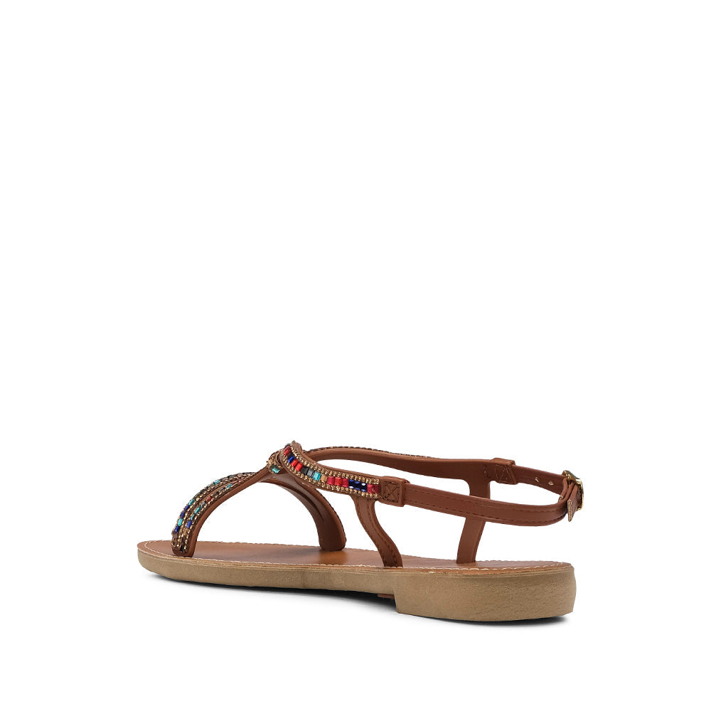 Sandalia de tacón plano para mujer color camello