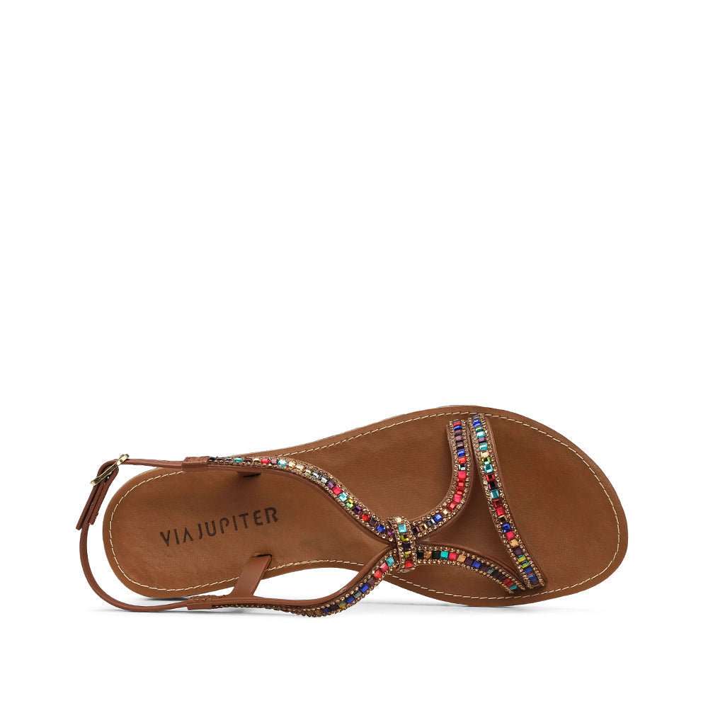 Sandalia de tacón plano para mujer color camello