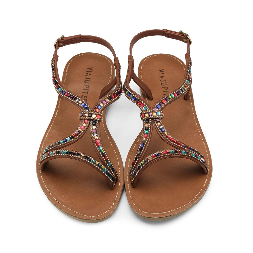 Sandalia de tacón plano para mujer color camello