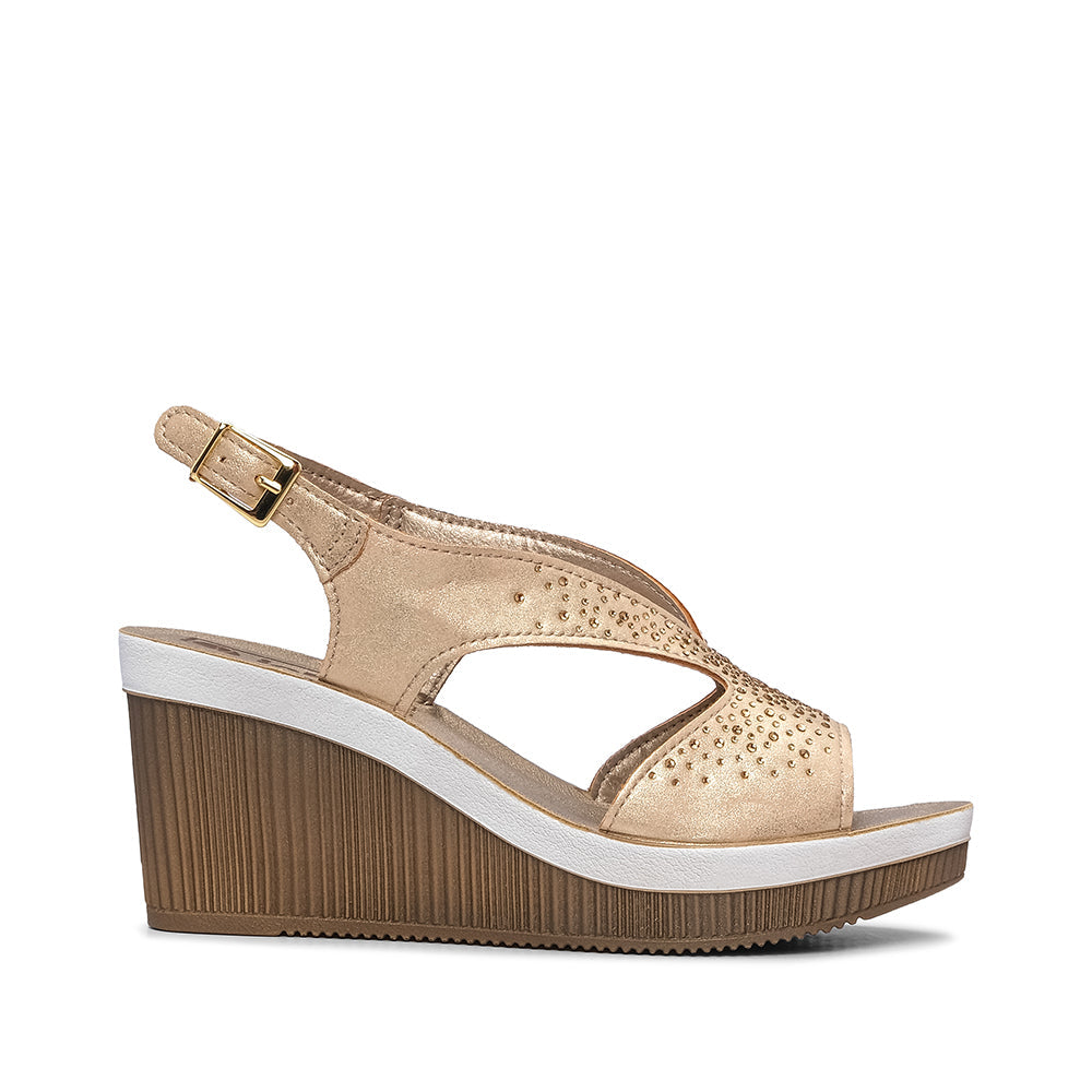 Sandalias de cuña para mujer en piel sintética, color dorado