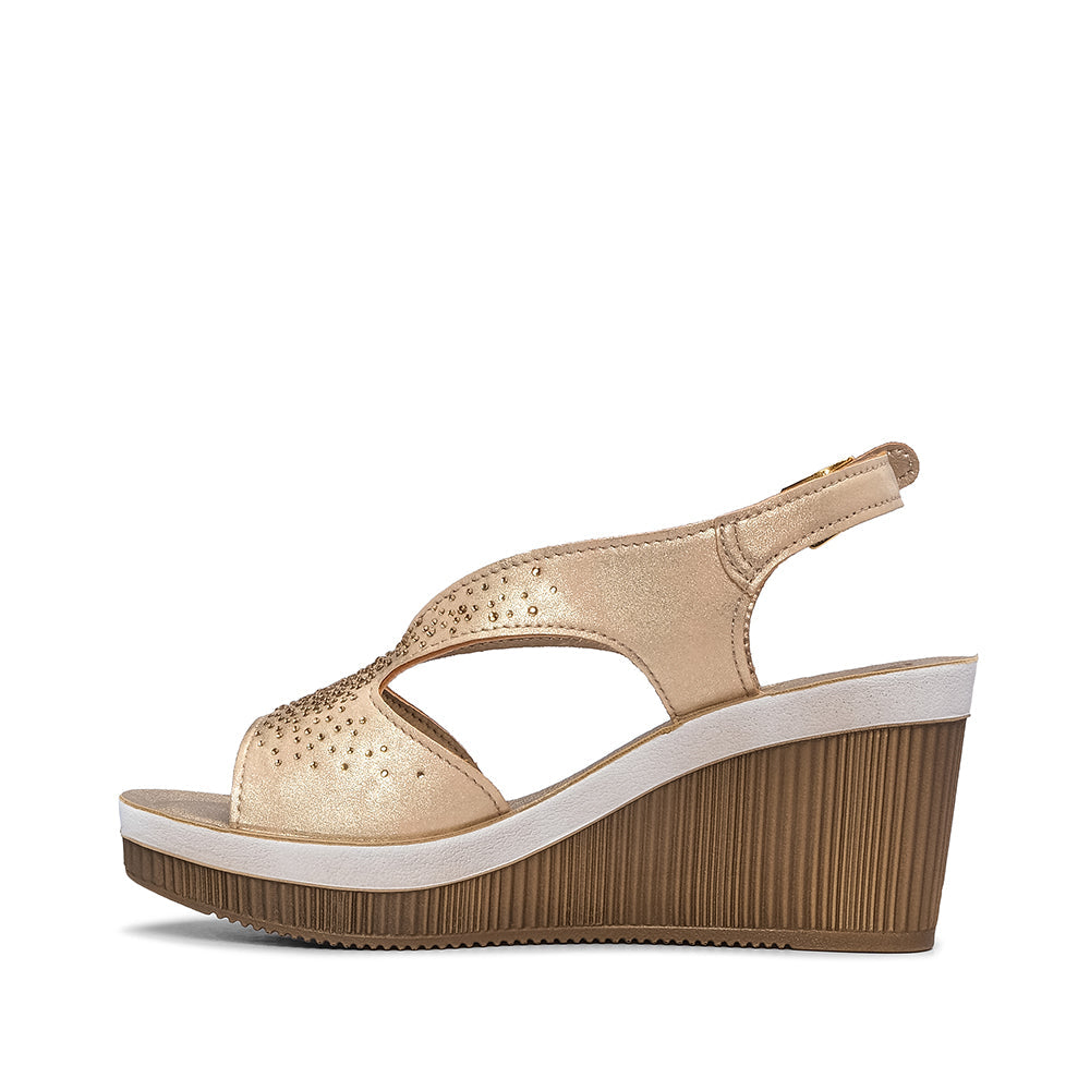 Sandalias de cuña para mujer en piel sintética, color dorado