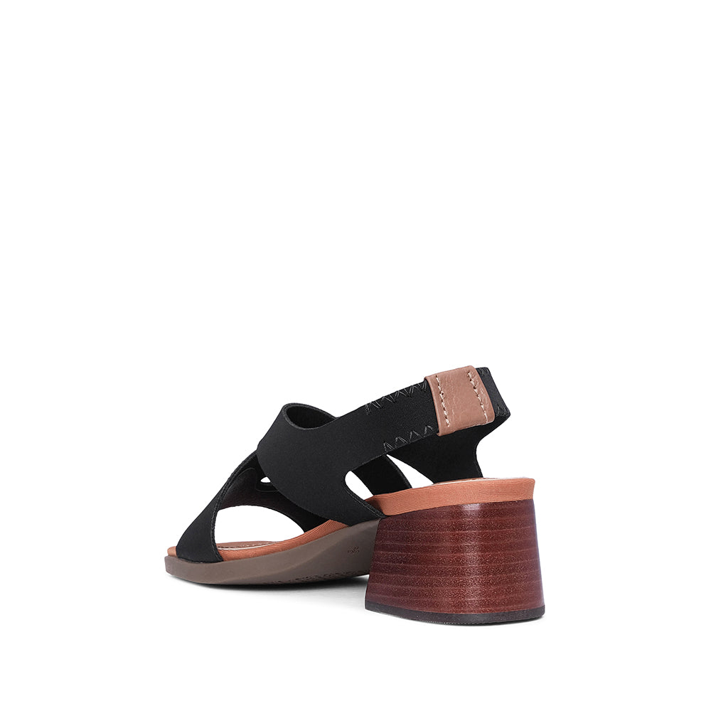 Sandalia de tacón medio textil negra para mujer