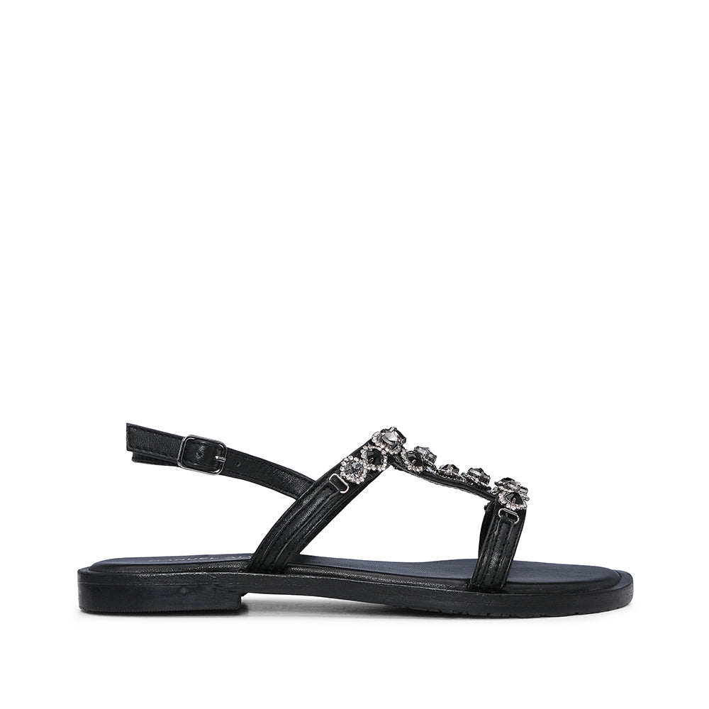 Sandalias de tacón plano para mujer en piel sintética, color negro