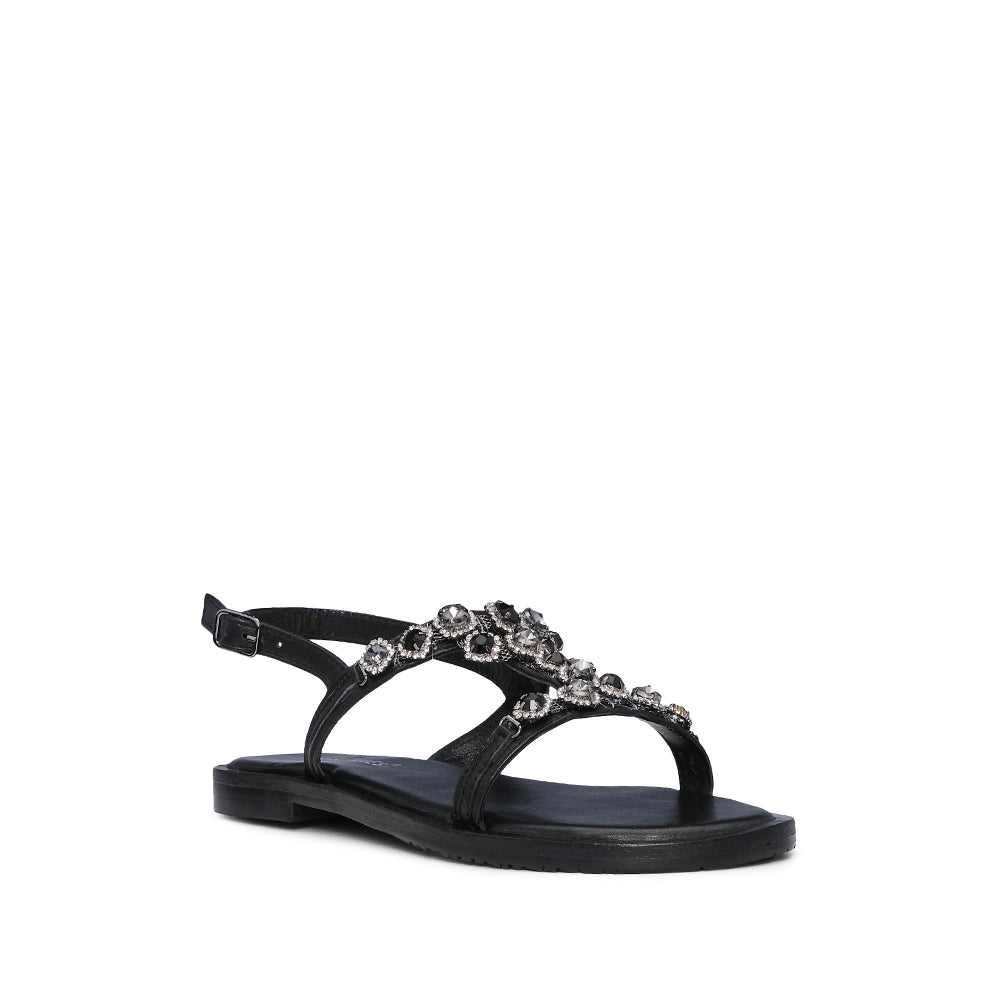 Sandalias de tacón plano para mujer en piel sintética, color negro