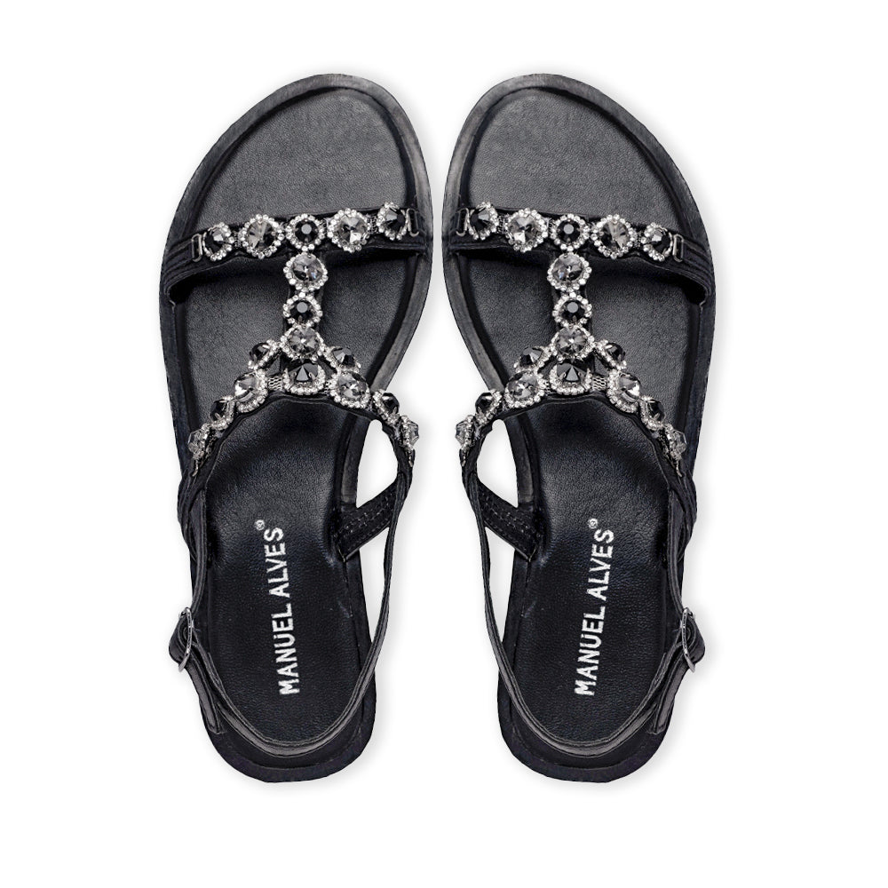 Sandalias de tacón plano para mujer en piel sintética, color negro