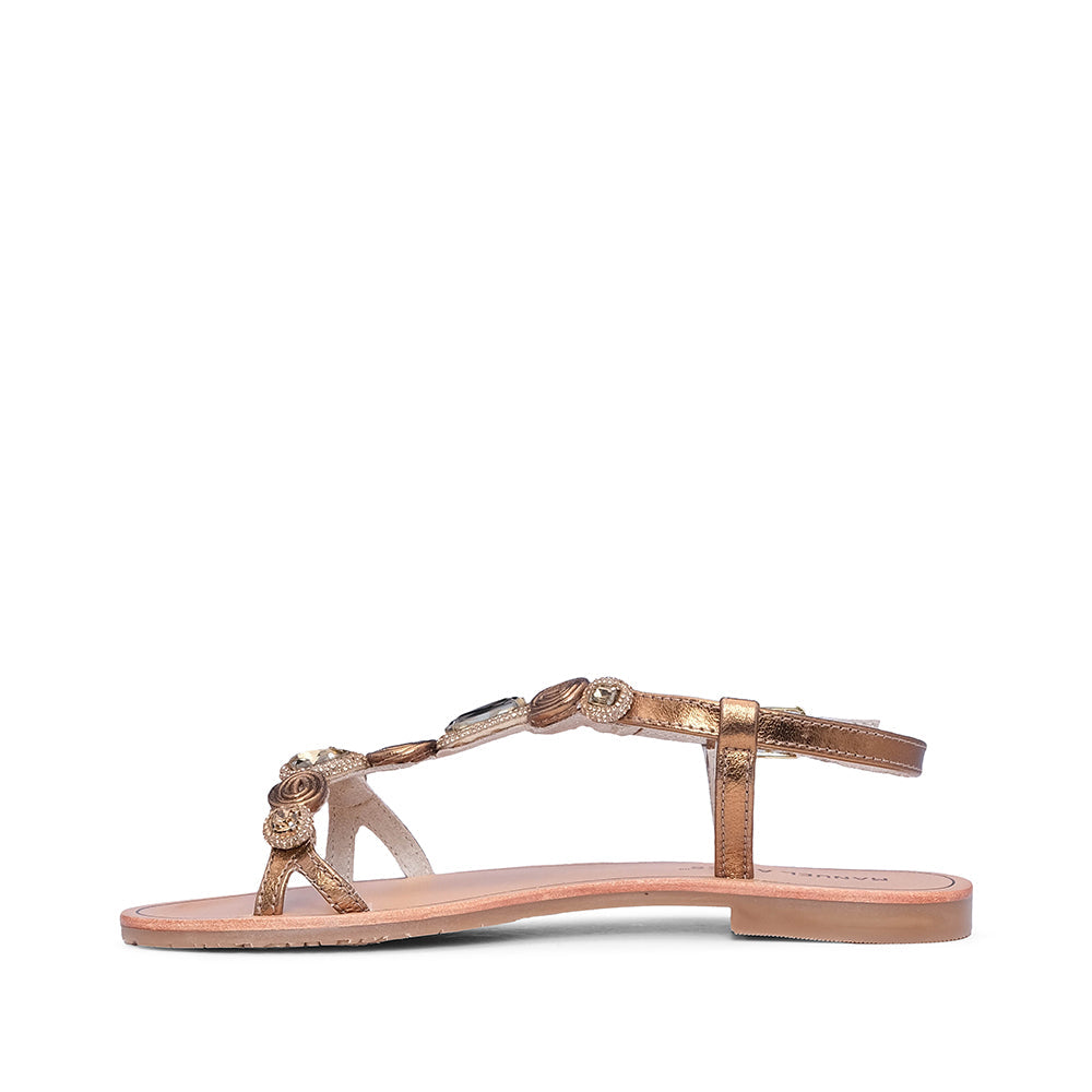 Sandalias de tacón plano para mujer en piel sintética, color bronce
