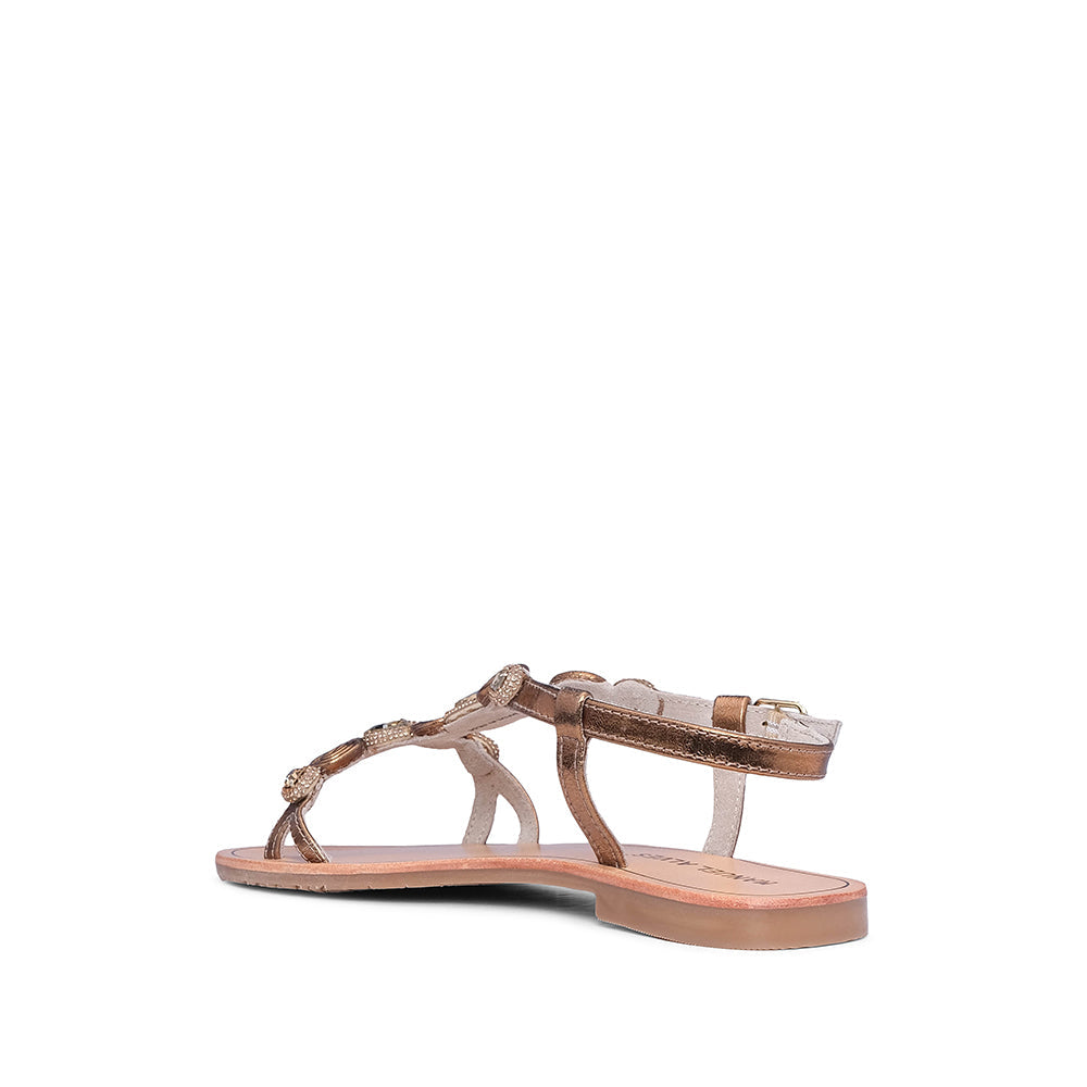 Sandalias de tacón plano para mujer en piel sintética, color bronce