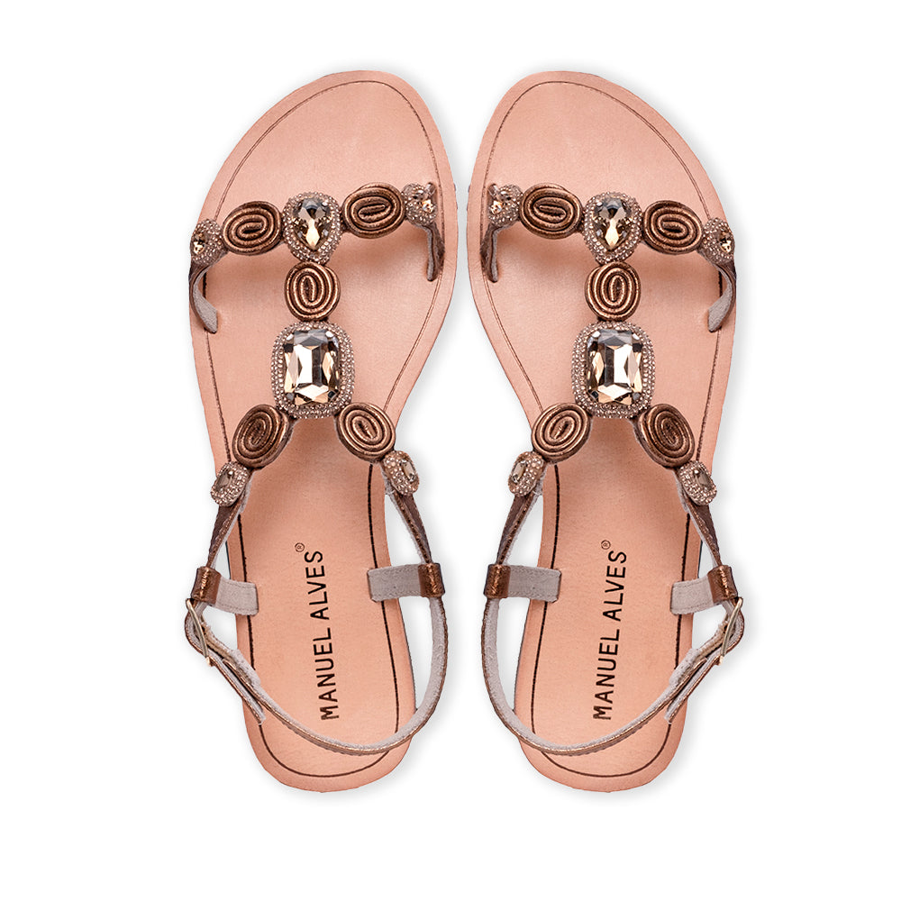 Sandalias de tacón plano para mujer en piel sintética, color bronce