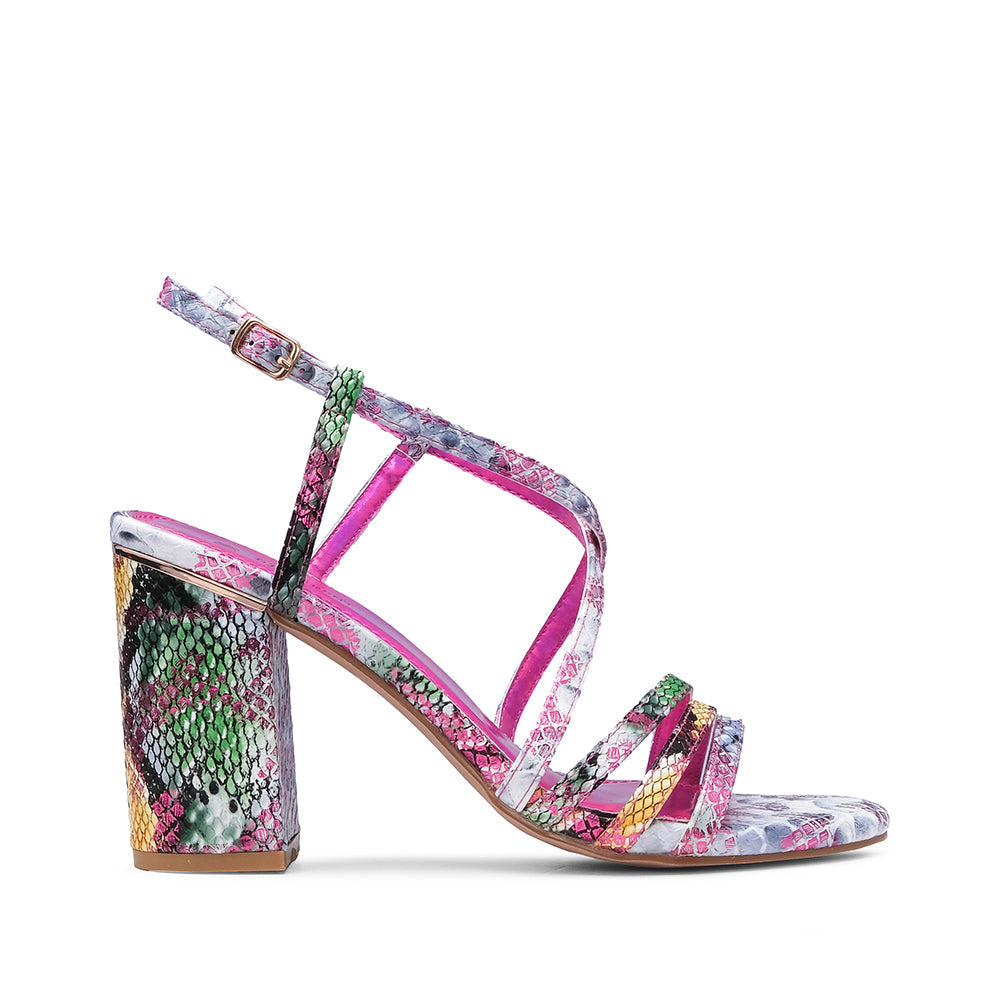 Sandalia de tacón alto para mujer con estampado animal fucsia