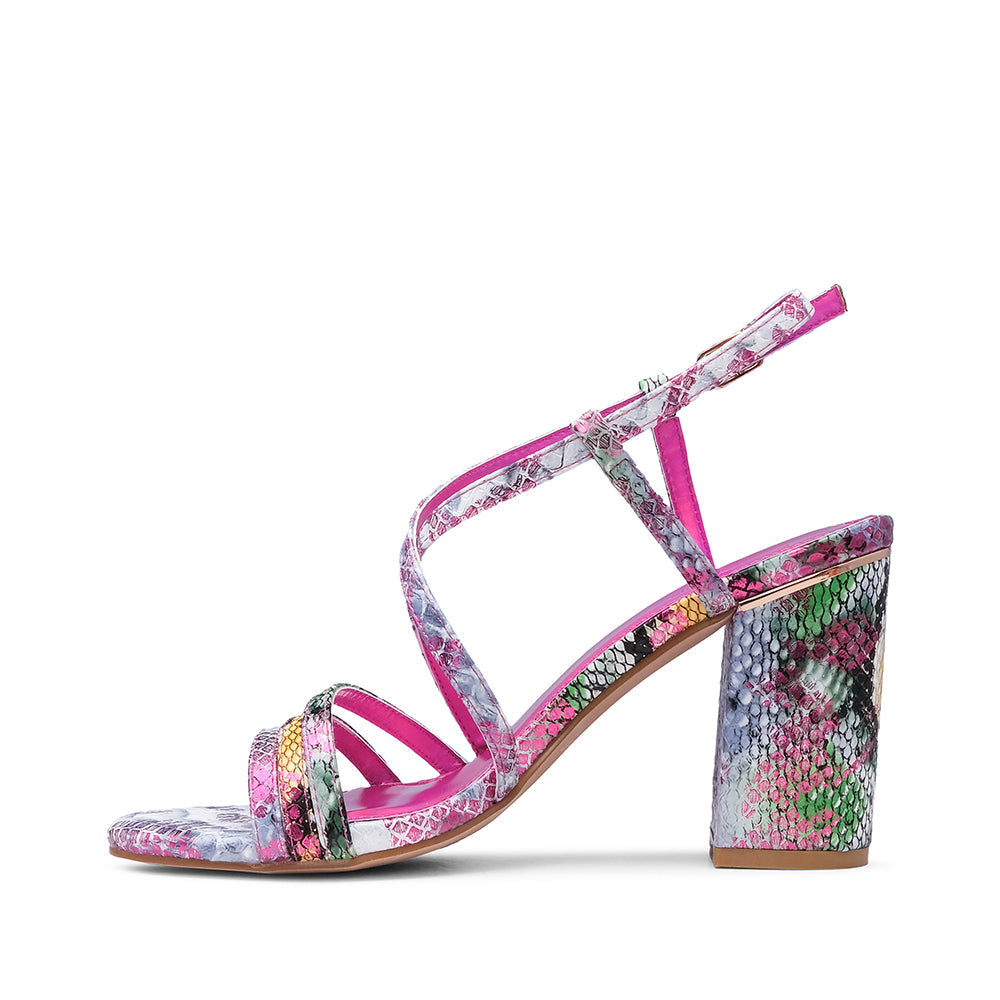 Sandalia de tacón alto para mujer con estampado animal fucsia