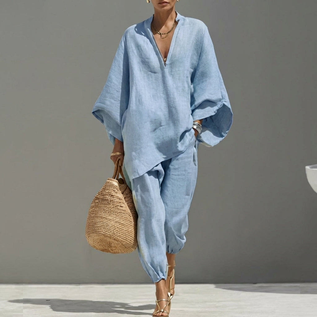 Conjunto Marina™ | Conjunto de lino con mangas murciélago y pantalón ancho