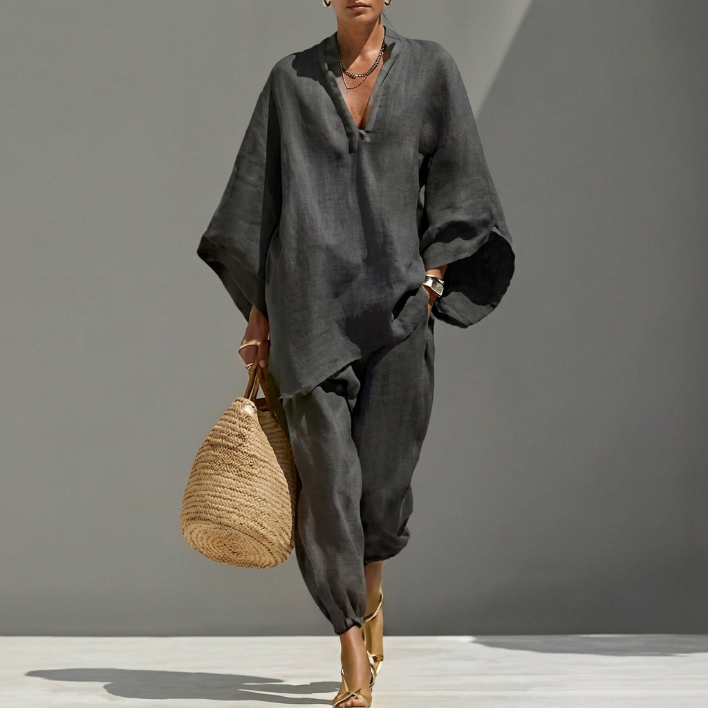 Conjunto Marina™ | Conjunto de lino con mangas murciélago y pantalón ancho