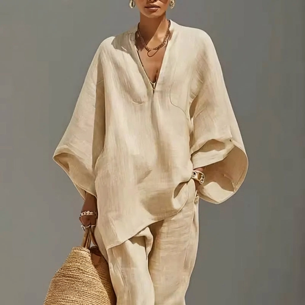 Conjunto Marina™ | Conjunto de lino con mangas murciélago y pantalón ancho