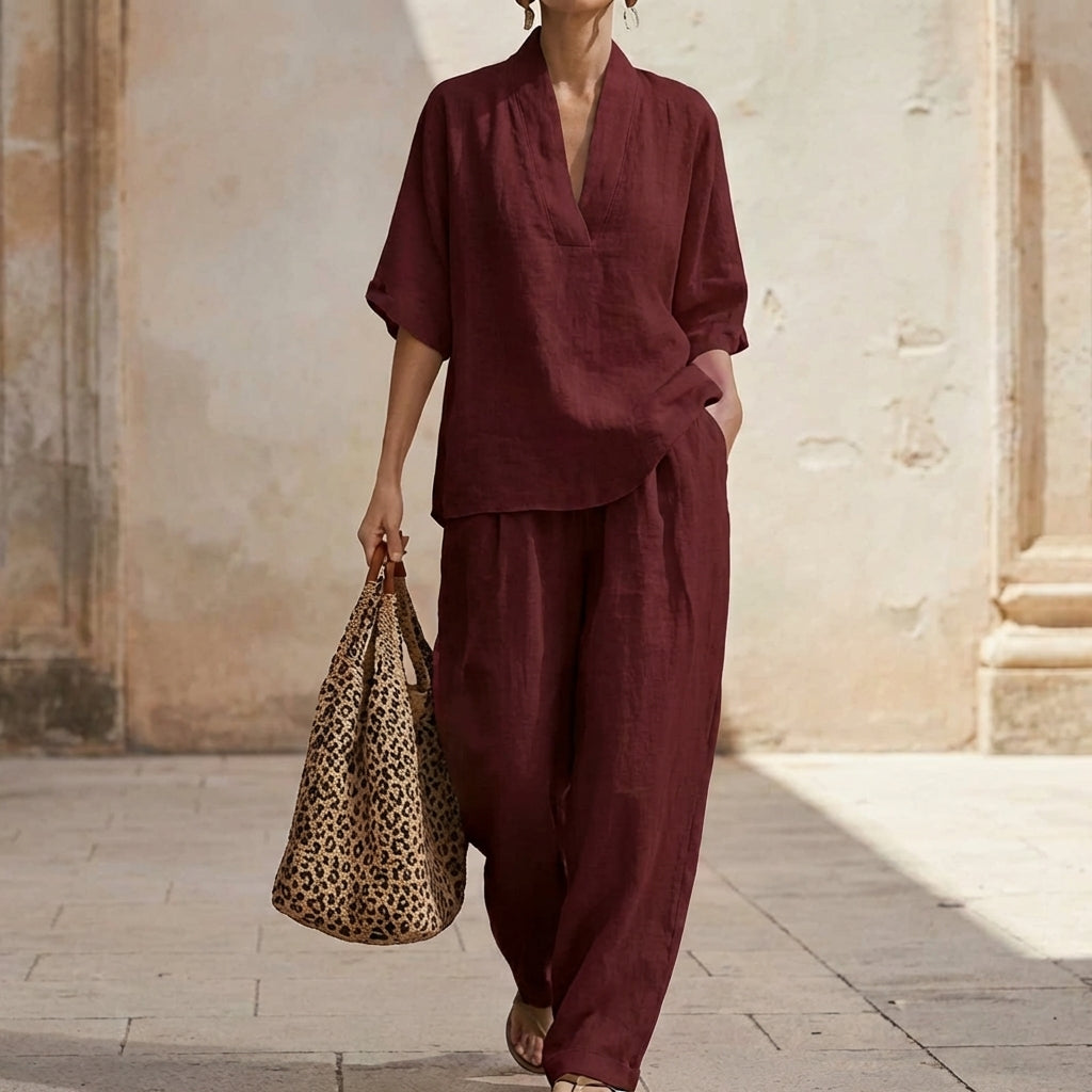 Conjunto Dolores™ | Conjunto de lino con mangas murciélago y pantalón ancho