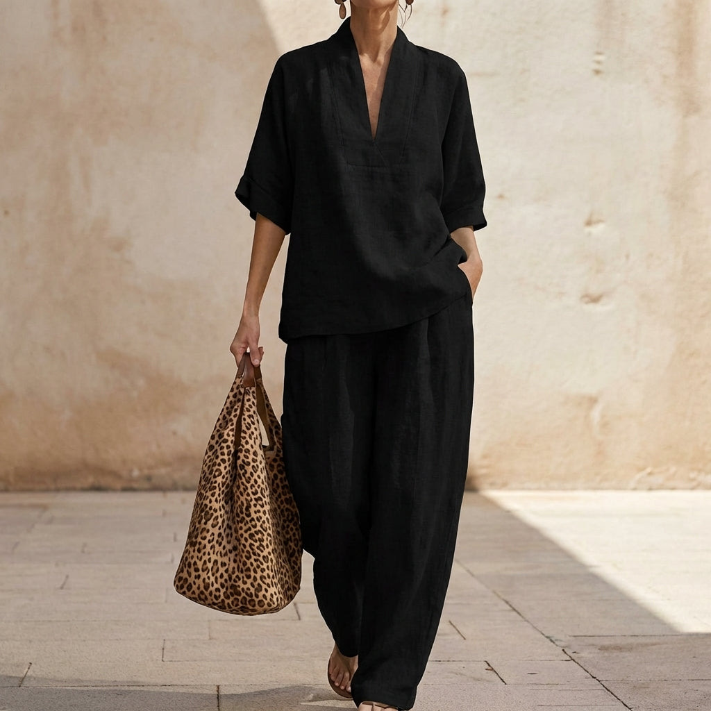 Conjunto Dolores™ | Conjunto de lino con mangas murciélago y pantalón ancho