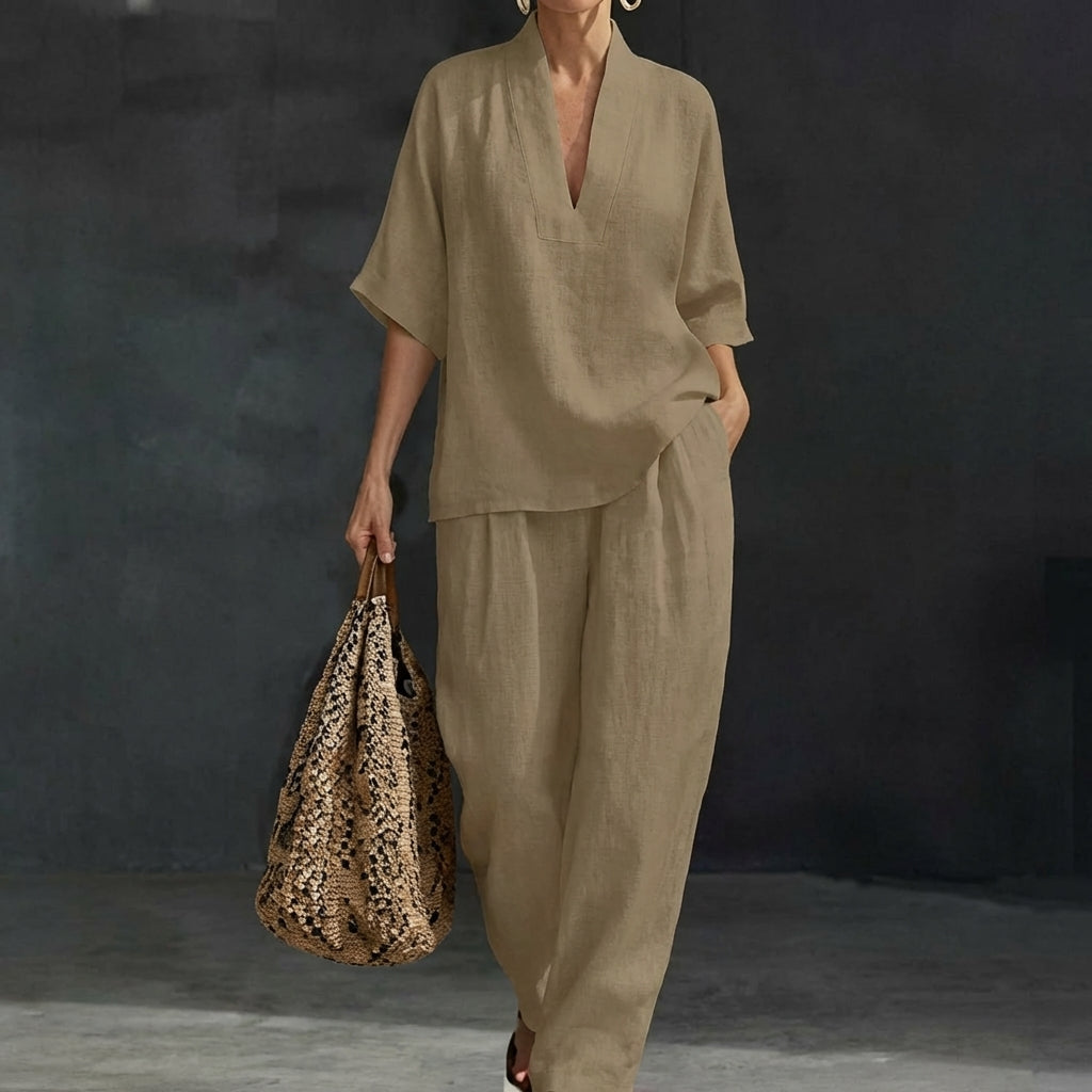 Conjunto Dolores™ | Conjunto de lino con mangas murciélago y pantalón ancho