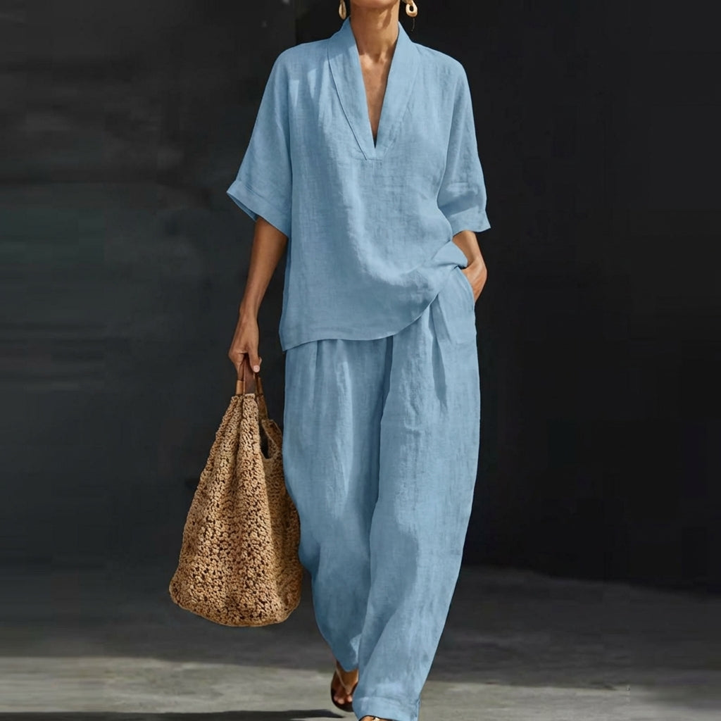 Conjunto Dolores™ | Conjunto de lino con mangas murciélago y pantalón ancho