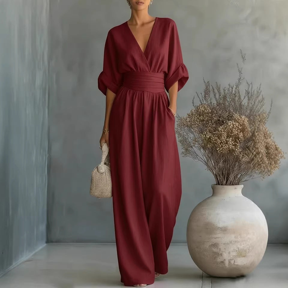 Vestido Elegante en V, Espalda Descubierta y Mangas Fluidas
